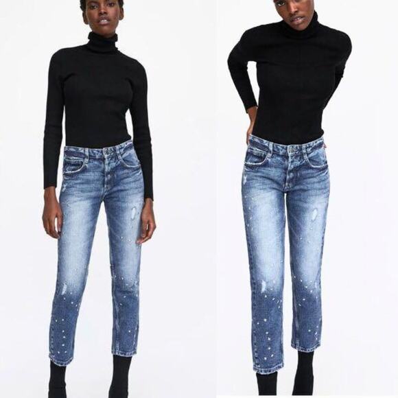 ZARA | Women’s Star Studded Mid Rise Straight Jeans Size 8 Fun Pop Button Fly - Picture 2 of 11